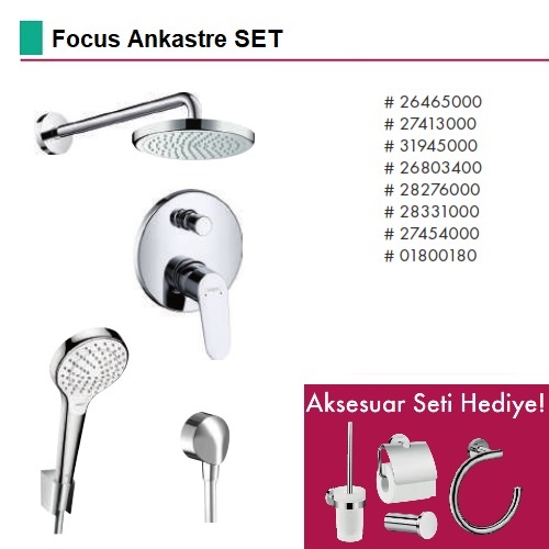 HANSGROHE Focus Ankastre Set (Tepe Duşu+Ank. Banyo Bataryası+El Duşu) Aksesuar Hediyeli !