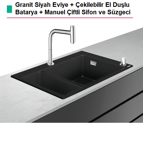 HANSGROHE Granit Çift Gözlü Ank. Eviye + Çekilebilir El Duşlu Batarya + Sifon Seti  - (43220000)