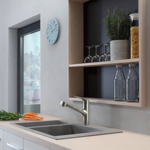 HANSGROHE Taş Grisi Çift Gözlü Ankastre Eviye + Manuel Sifon ve Süzgeci  - (43315290+43928000)
