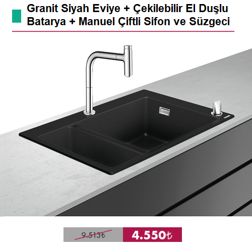 HANSGROHE Granit Çift Gözlü Ank. Eviye + Çekilebilir El Duşlu Batarya + Sifon Seti  - (43220000)