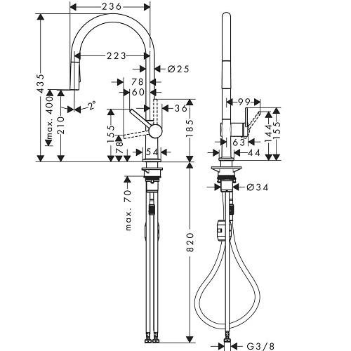 HANSGROHE Talis Çekilebilir El Duşlu 2jet Eviye Bataryası Siyah/Paslanmaz Çelik - (72800670-72800800)