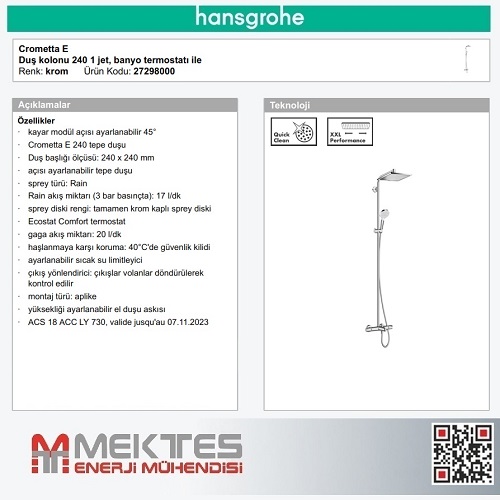 HANSGROHE Crometta E 240 Duş Kolonu-27298000