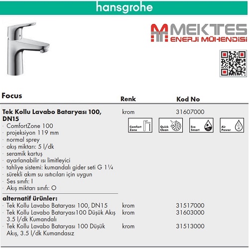 HANSGROHE Focus Lavabo Bataryası-31607000