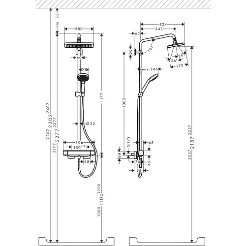 HANSGROHE Croma E 280 Duş Kolonu - 27630000 (Termostatik bataryalı - Gagasız)