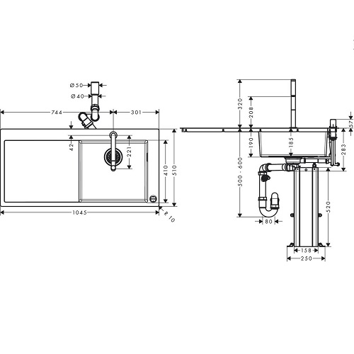 HANSGROHE Paslanmaz Çelik Tek Gözlü Ankastre Eviye + Çekilebilir El Duşlu Batarya + Sifon Seti  - (43205000)