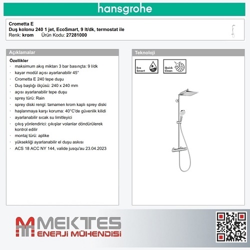 HANSGROHE Crometta E 240 Duş Kolonu (Gagasız) -27281000