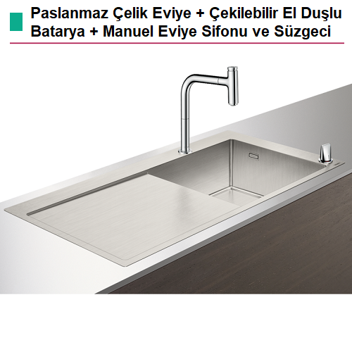 HANSGROHE Paslanmaz Çelik Tek Gözlü Ankastre Eviye + Çekilebilir El Duşlu Batarya + Sifon Seti  - (43205000)