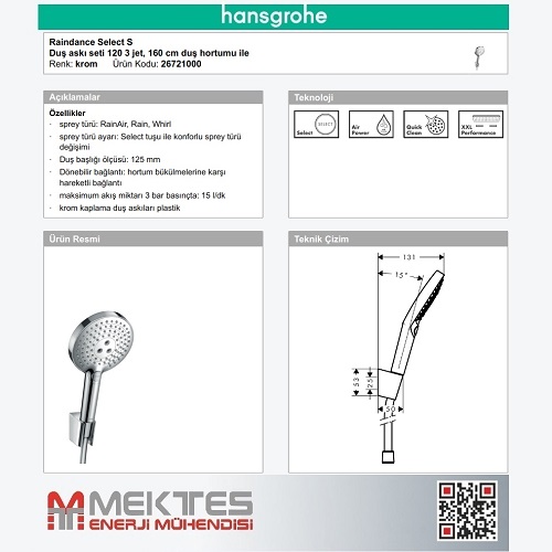 HANSGROHE Raindance Selecet S 120 El Duş Seti-26721000