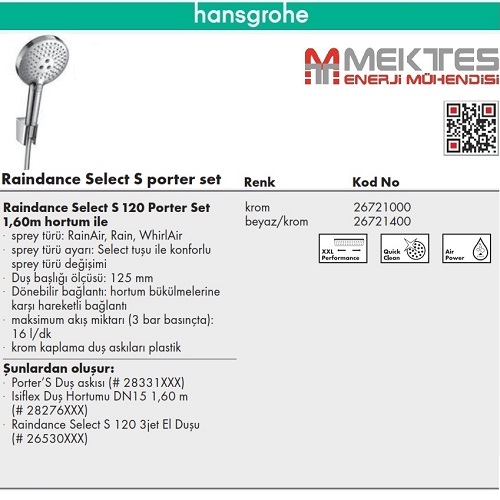 HANSGROHE Raindance Selecet S 120 El Duş Seti-26721000