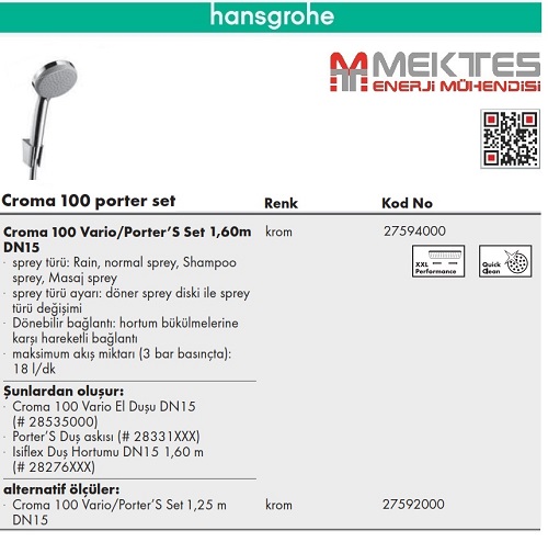 HANSGROHE Croma 100  Vario El Duş Seti-27594000