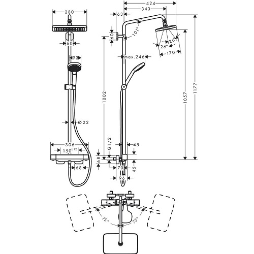 HANSGROHE Croma E 280 Duş Kolonu - 27630000 (Termostatik bataryalı - Gagasız)