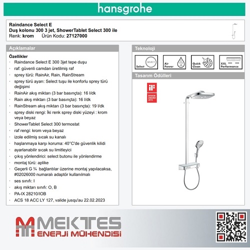 HANSGROHE Raindance Selecet Duş Kolonu-27127000 (Termostatik bataryalı)