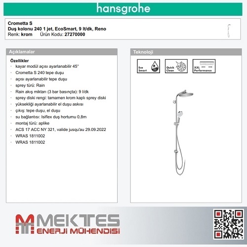 HANSGROHE Crometta 240 Reno Duş Kolonu (Bataryasız)-27270000